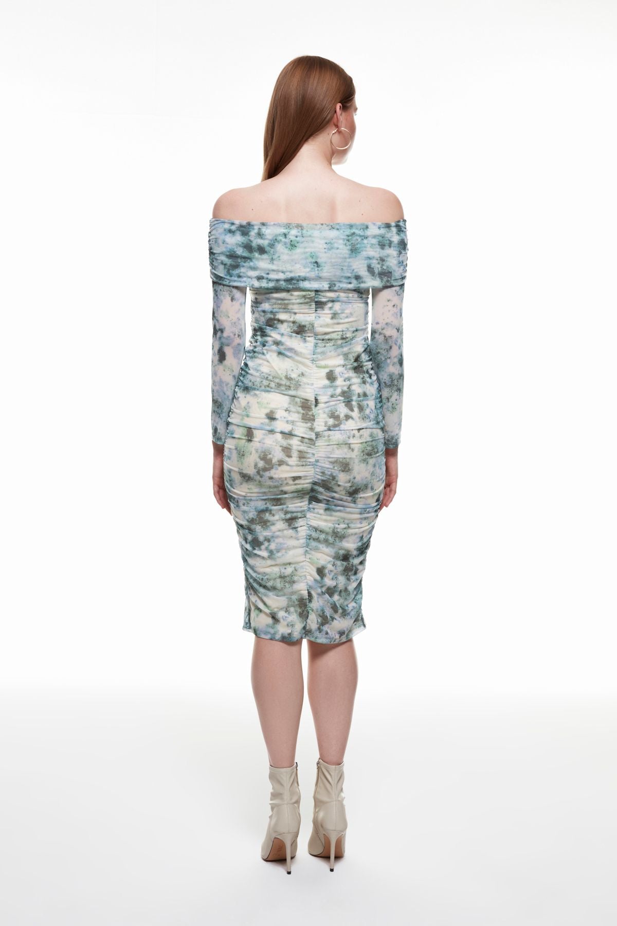 Patterned Ruffle Detailed Midi Dress Khaki
