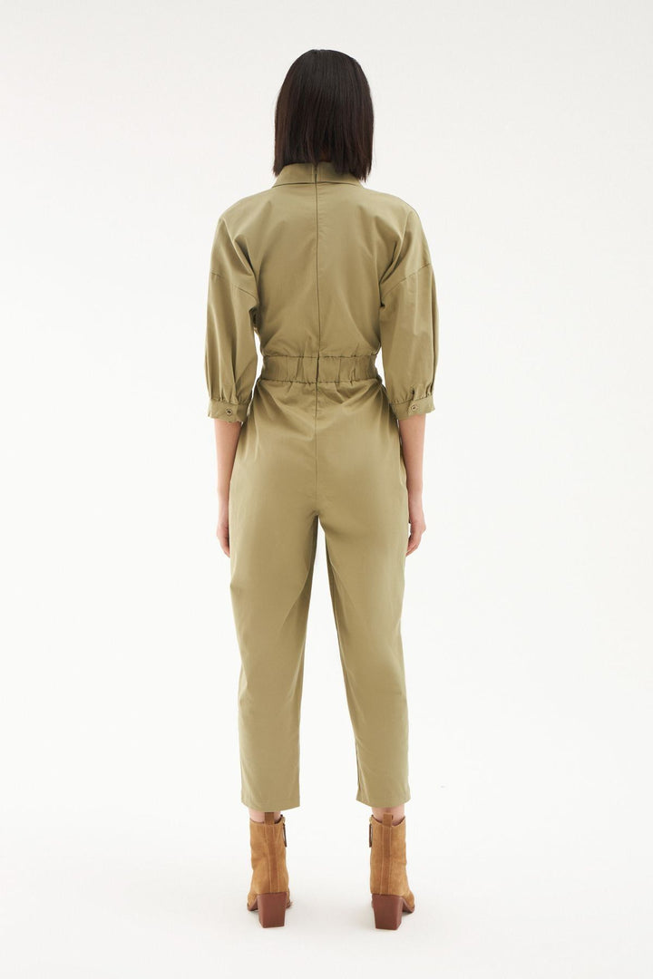 Waist Belt Balloon Sleeve Jumpsuit Khaki