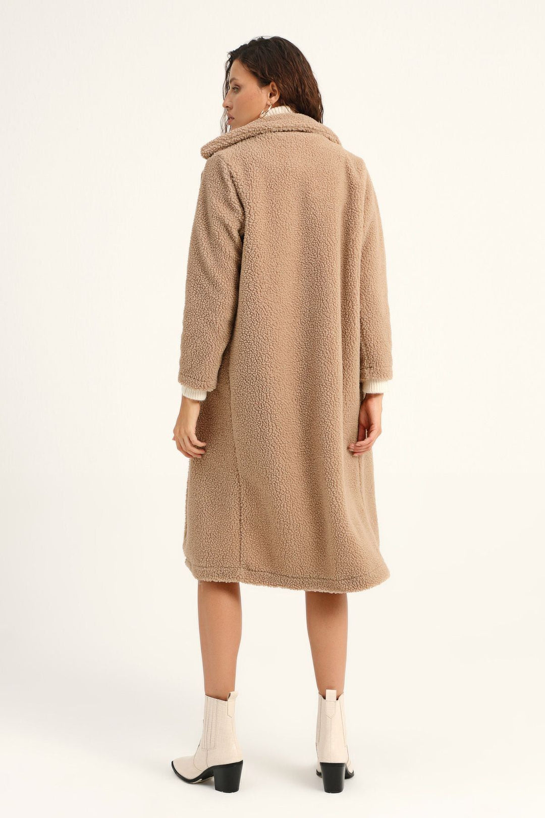 Peluş Tek Düğmeli Kaban Bej