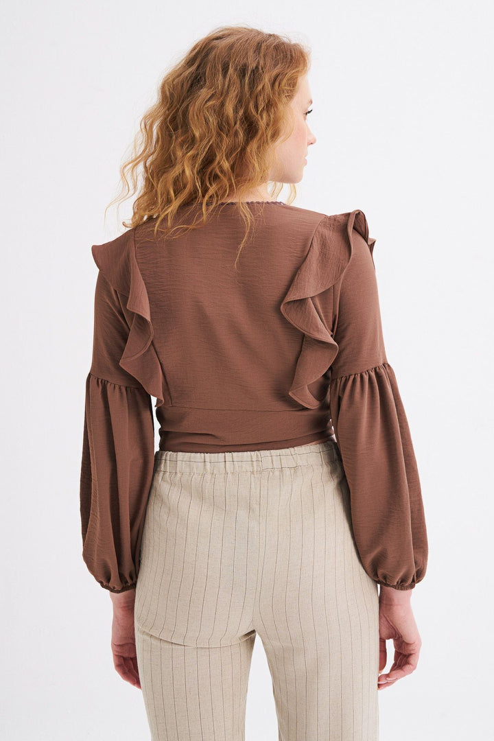 Button Front V-Neck Frill Blouse Brown