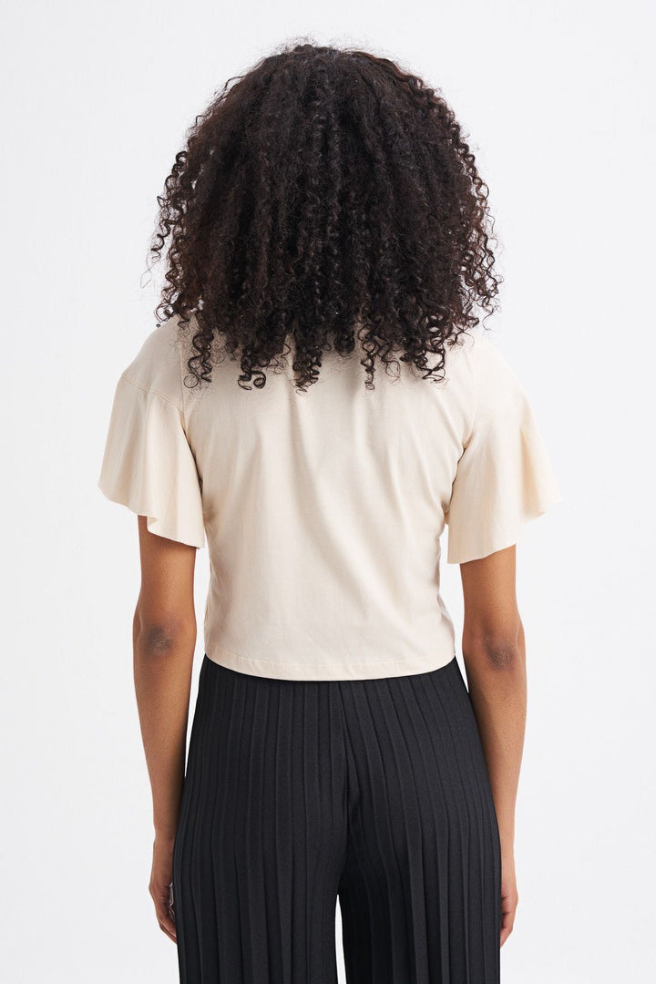 Fırfırlı Crop Tişört Açık Bej