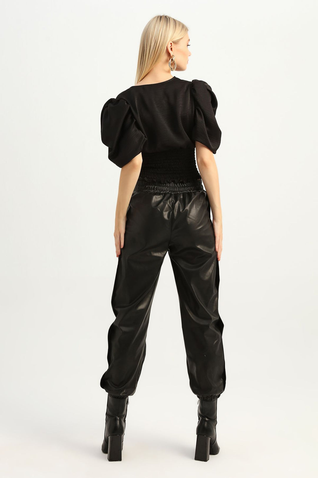 Balloon Sleeve Waistband Gipe Blouse Black