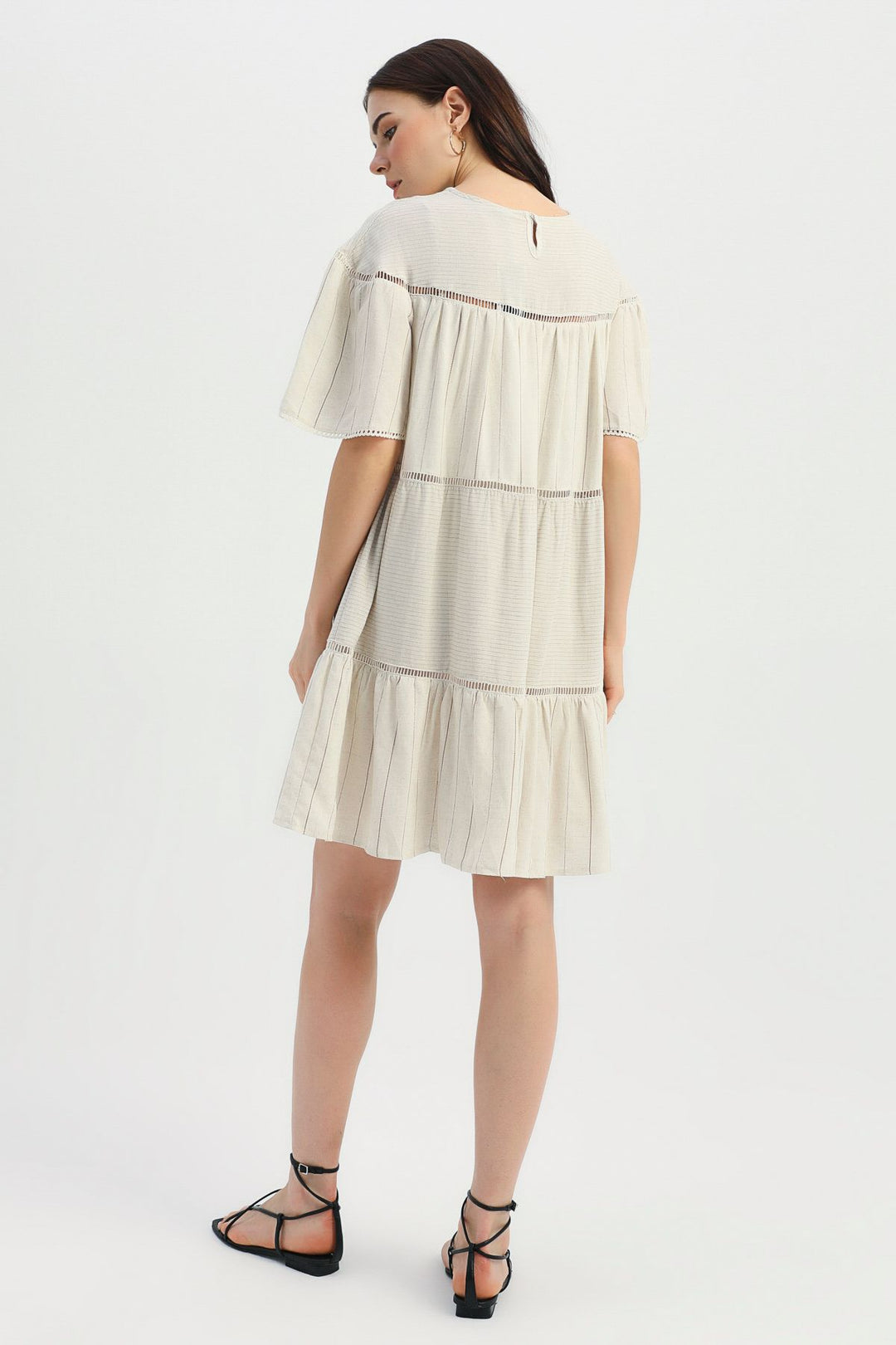 Stripe Detailed Striped Linen Dress Brown
