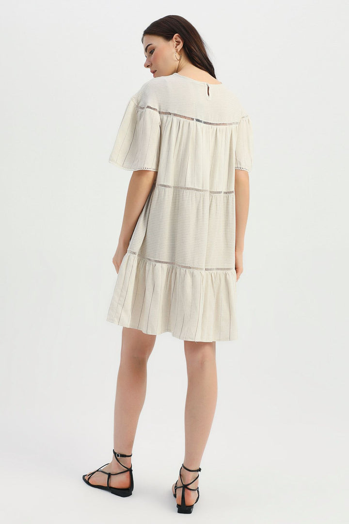 Stripe Detailed Striped Linen Dress Brown