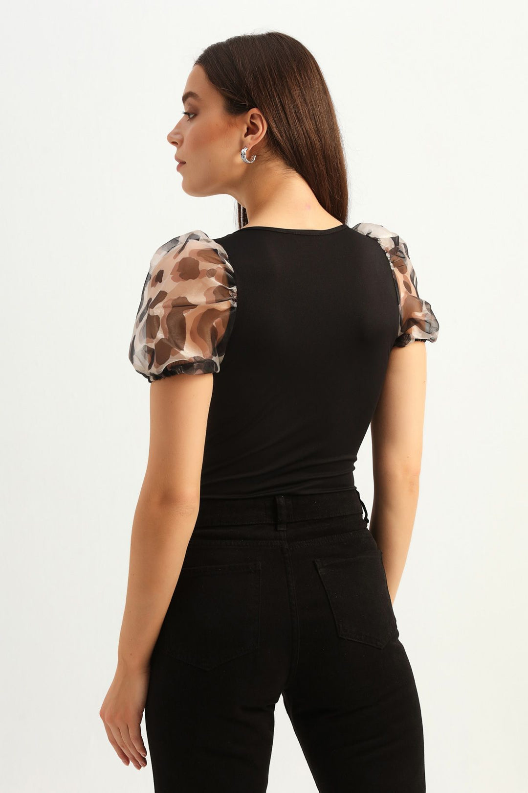 Balloon Sleeve V Neck Bodysuit Black