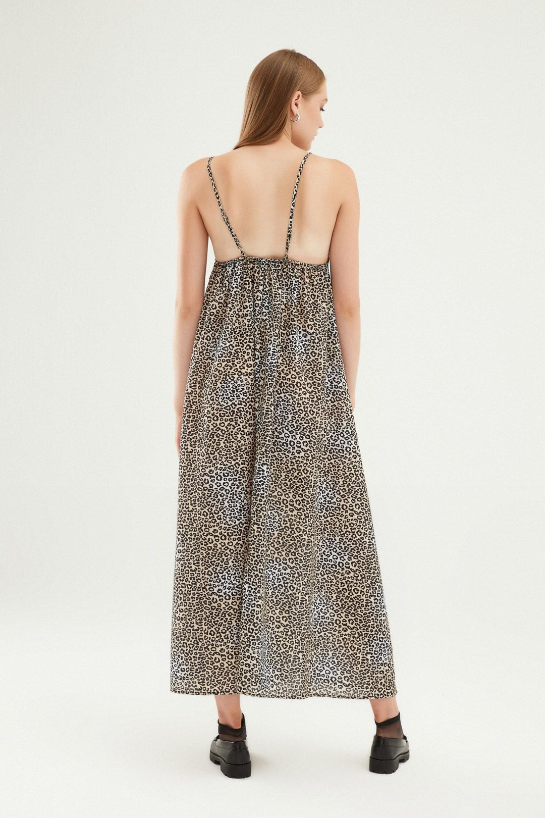 Leopar Desenli Uzun Elbise Kahverengi