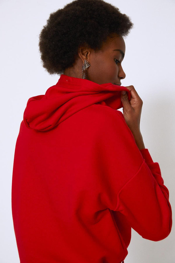 Hooded Tie Waist Sweatshirt Red