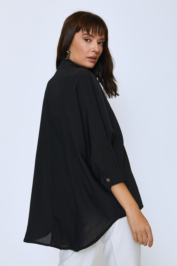 Uzun Oversize Cepli Gömlek Siyah