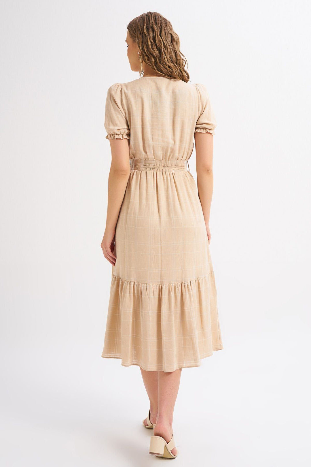 Balloon Sleeve Belt Linen Dress Beige