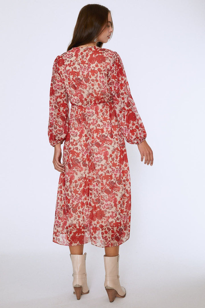 Çicek Desenli V Yaka Midi Elbise Bej