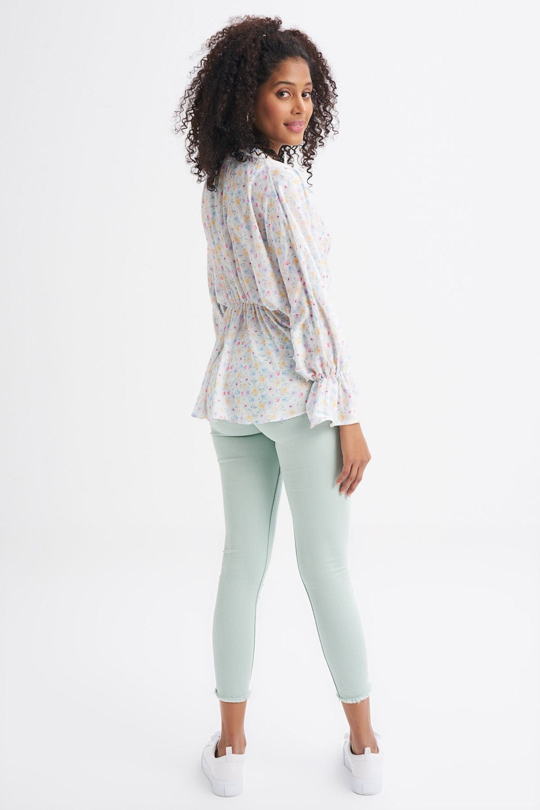 V-Neck Blouse Ecru with Pleated Sleeves