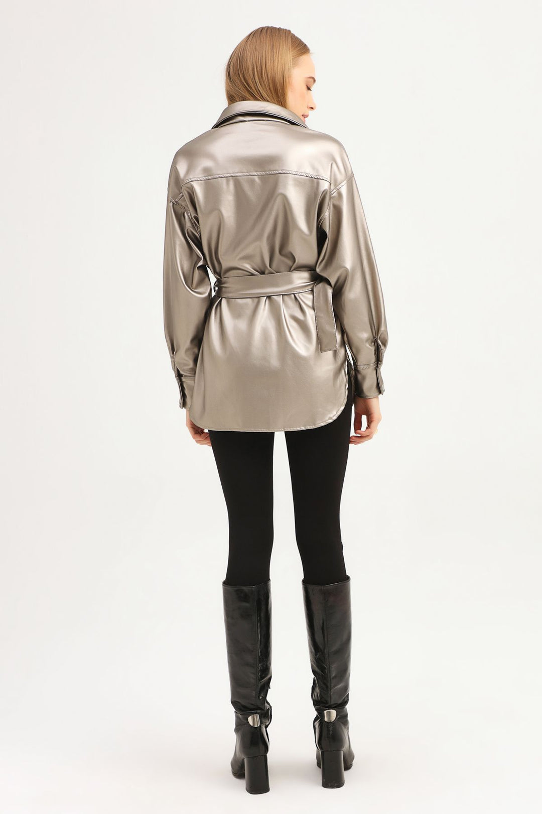 Kemerli Cepli Deri Gömlek Gri