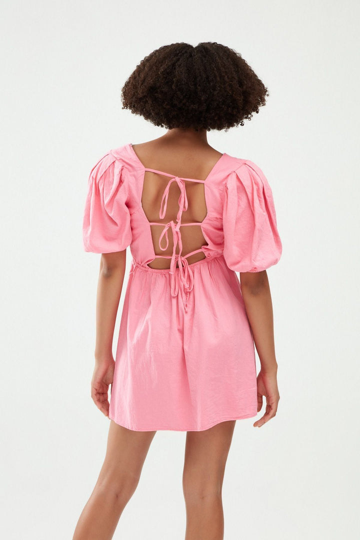 Balon Kol Dekolteli Vatkalı Elbise Şeker Pembe