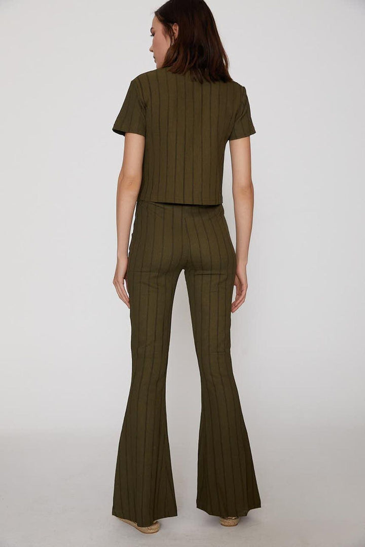 Crew Neck Striped Crop Blouse Khaki