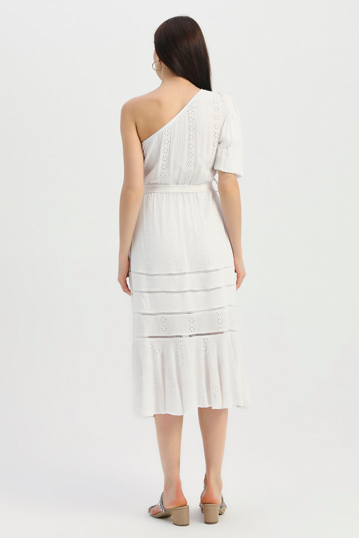 One Shoulder Belt Guipure Dress Ecru