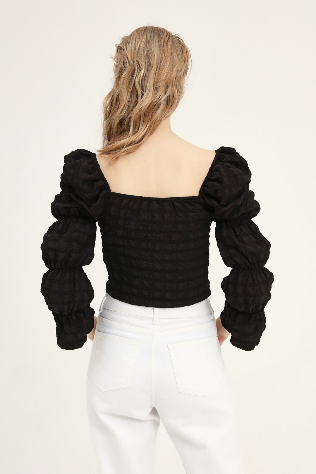 Kare Yaka Crop Bluz Siyah
