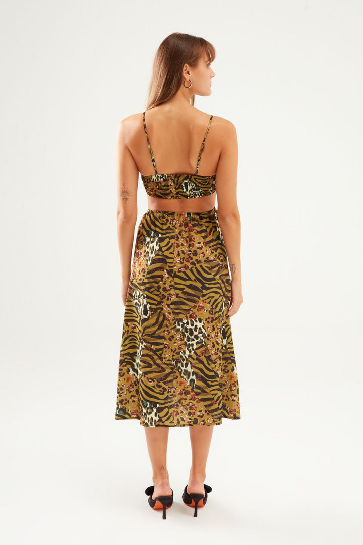 Patterned Cut Out Dress Brown