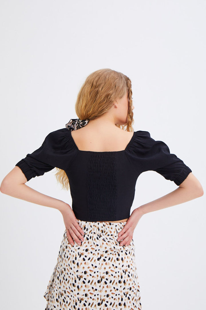 Balon Kol Gipe Detaylı Bluz Siyah