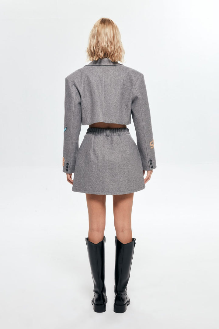 Düğme Detaylı Nakışlıı Kaşe Mini Etek Antrasit