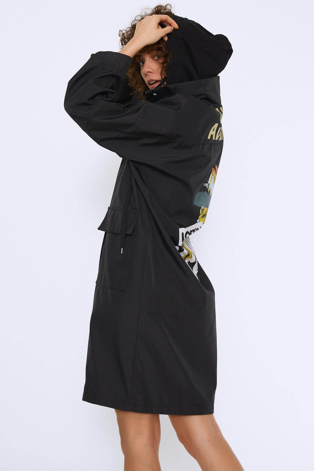 Printed Back Hooded Long Trench Coat Black