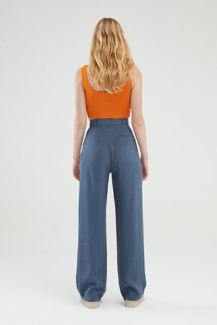 Yüksel Bel Bol Paça Pantolon İndigo