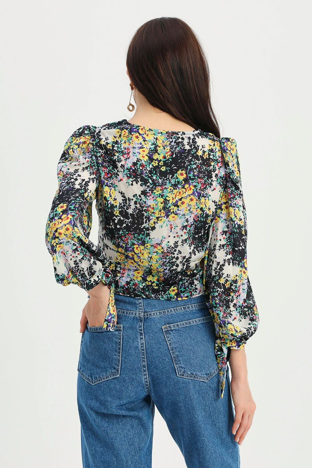 Patterned V-Neck Tie Detailed Blouse Black