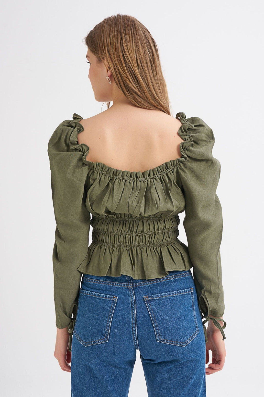 Watermelon Sleeve Square Collar Gipe Blouse Dark Khaki