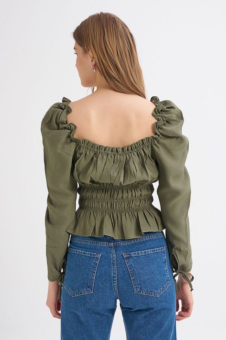 Watermelon Sleeve Square Collar Gipe Blouse Dark Khaki