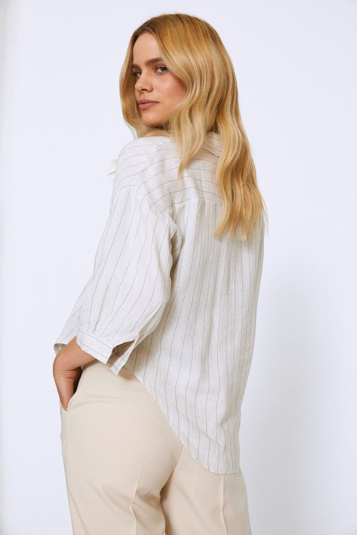 Çizgili Keten Gömlek Ekru
