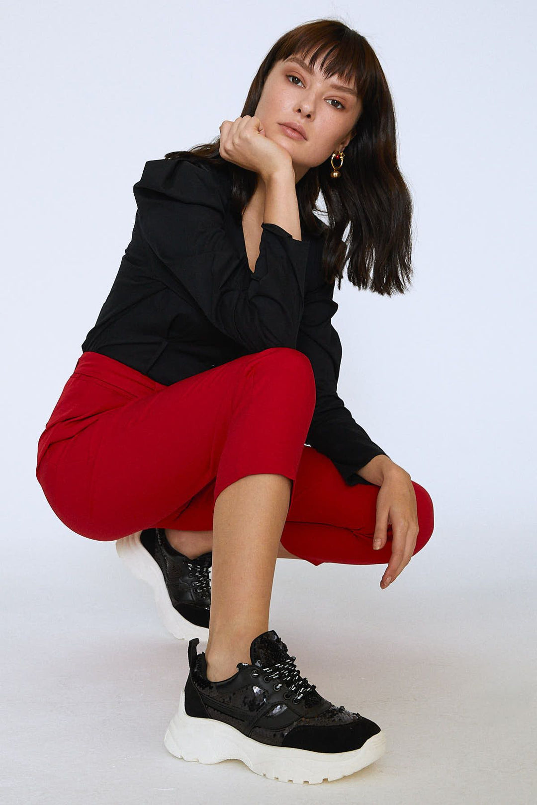 Belted Buttoned V-Neck Blouse Black