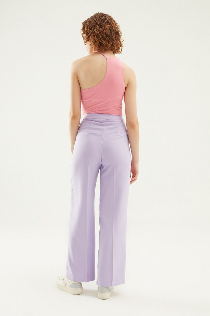 Pile Detaylı Palazzo Pantolon Lila