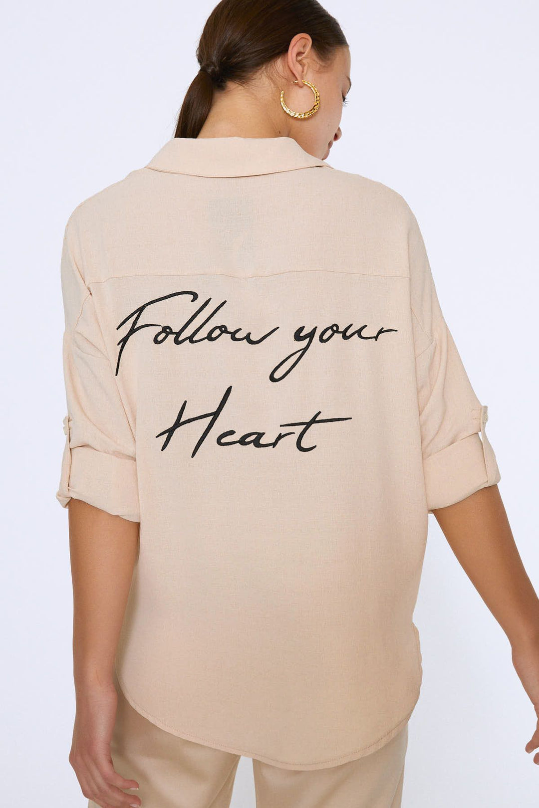 Embroidered Back Three Quarter Sleeve Shirt Stone