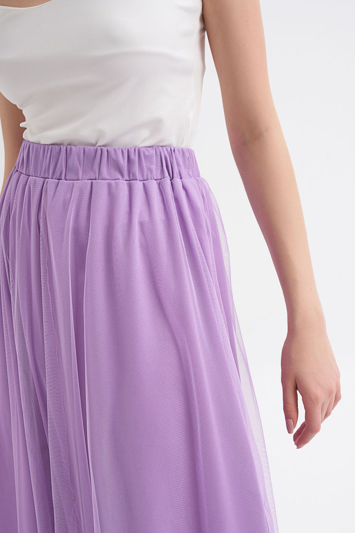 Piliseli Tül Detaylı Midi Etek Lila