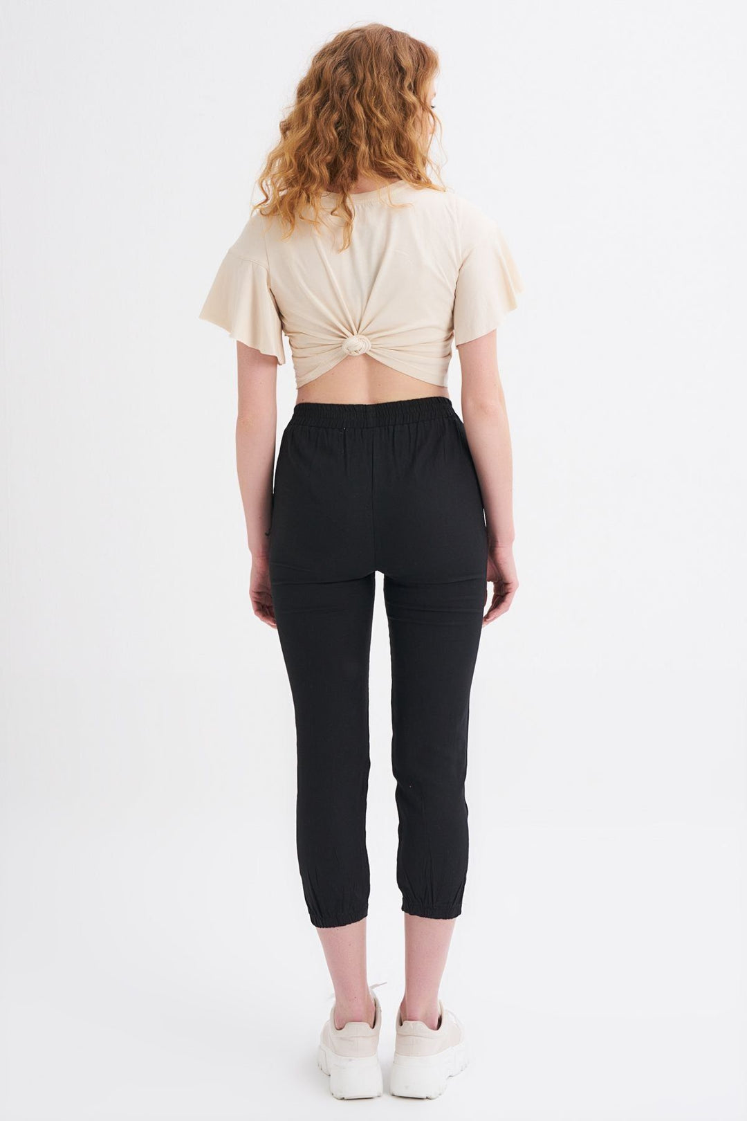 Beli Lastikli Keten Pantolon Siyah