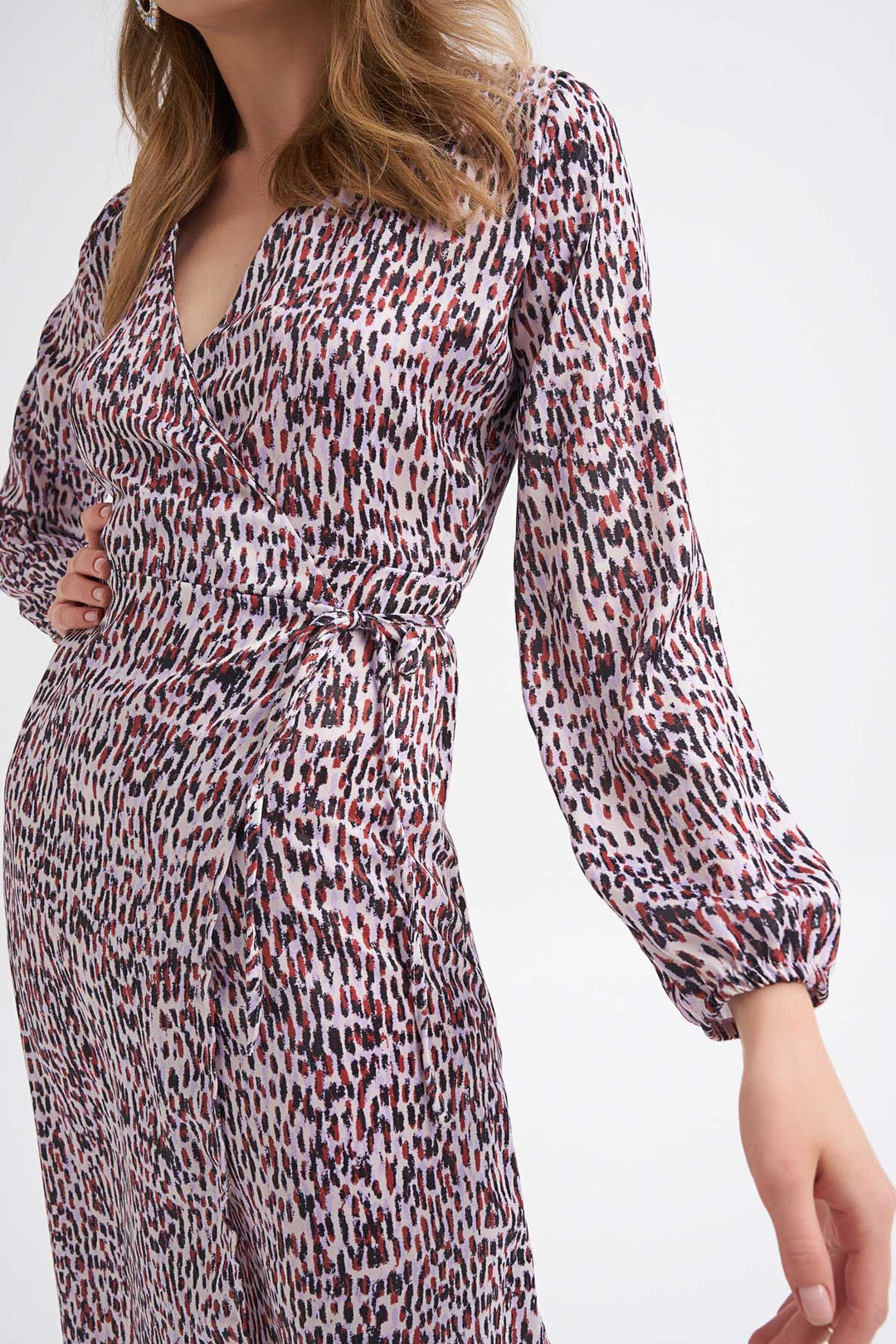 Patterned Slit Detailed Wrapped Dress Lilac