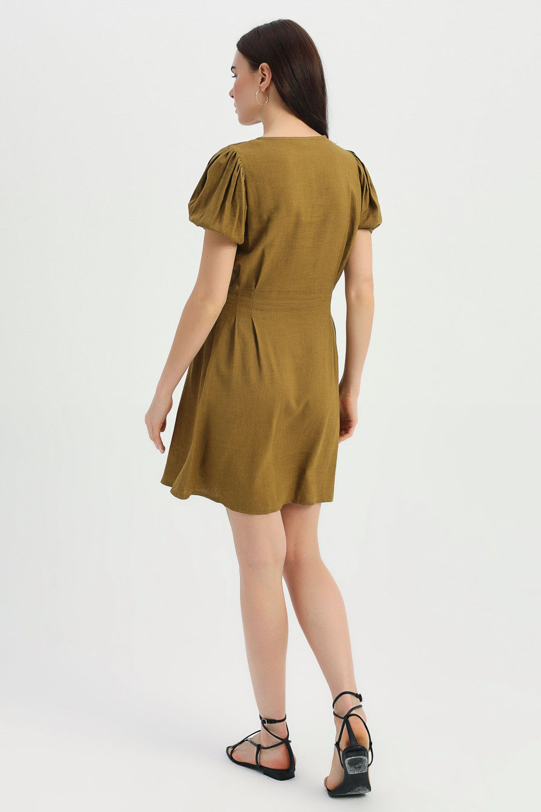 V Neck Balloon Sleeve Linen Dress Dark Khaki