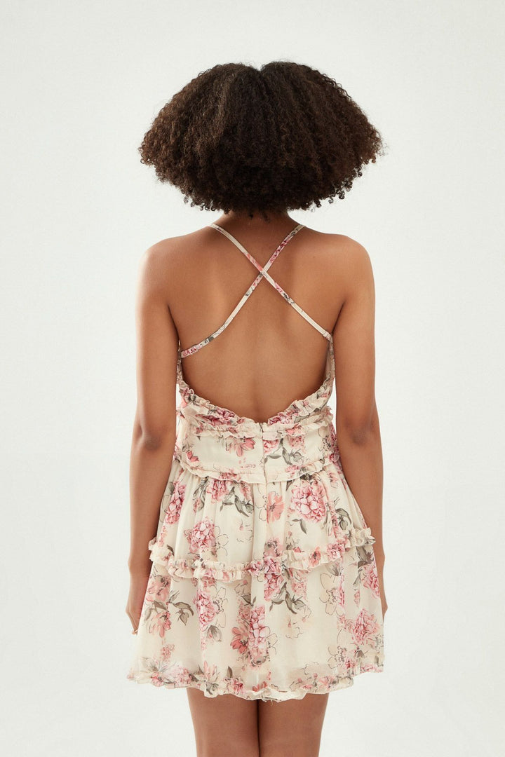 Desenli Askılı Fırfır Detaylı Mini Elbise Pembe