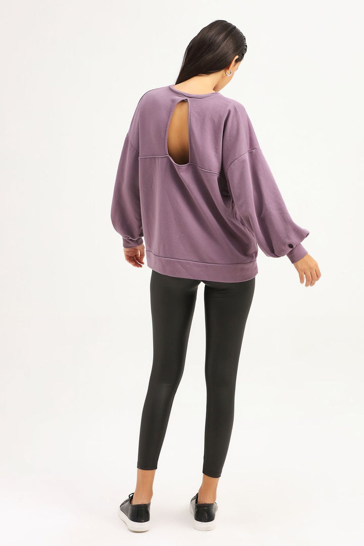 Sırt Dekolteli Oversize Sweatshirt Koyu Lila