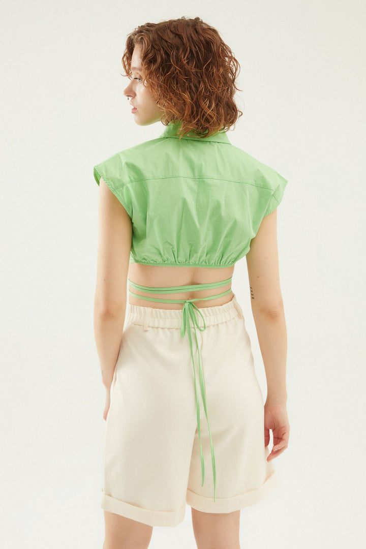Bağlama Detaylı Düğmeli Crop Gömlek Yeşil