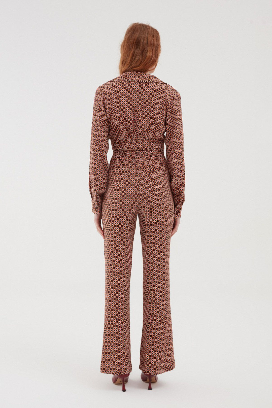 Desenli Beli Lastikli Bol Pantolon Kahverengi