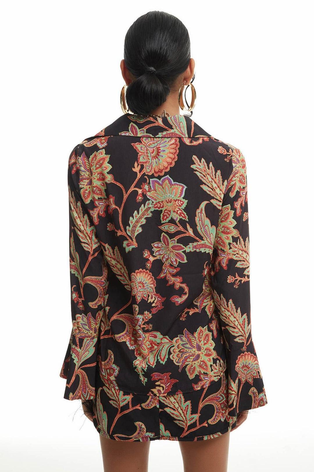 Ruffled Sleeves Patterned Shirt Black