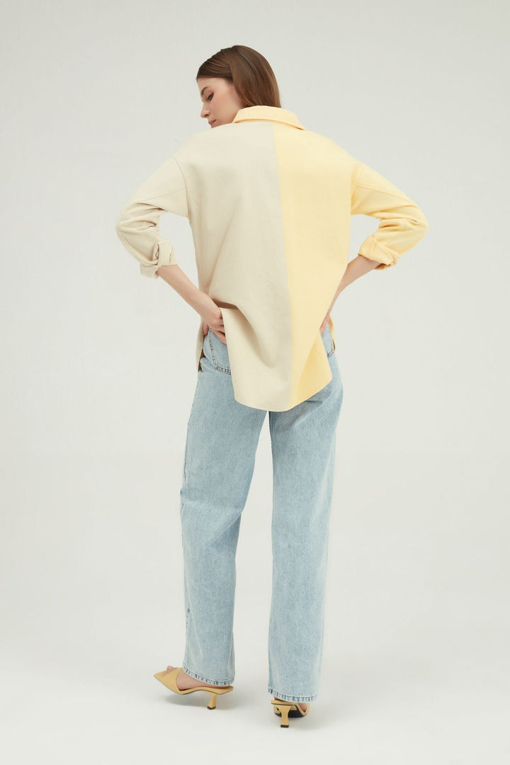 İki Renkli Cepli Gabardin Gömlek Sarı