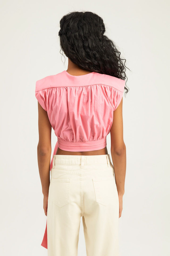 Vatkalı Yandan Bağlamalı Bluz Şeker Pembe