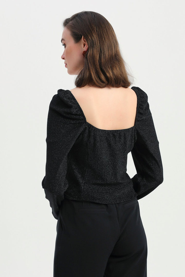 V-Neck Silvery Blouse Black