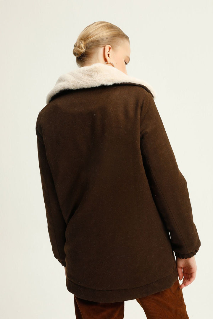 Furry Collar Zippered Coat Dark Brown