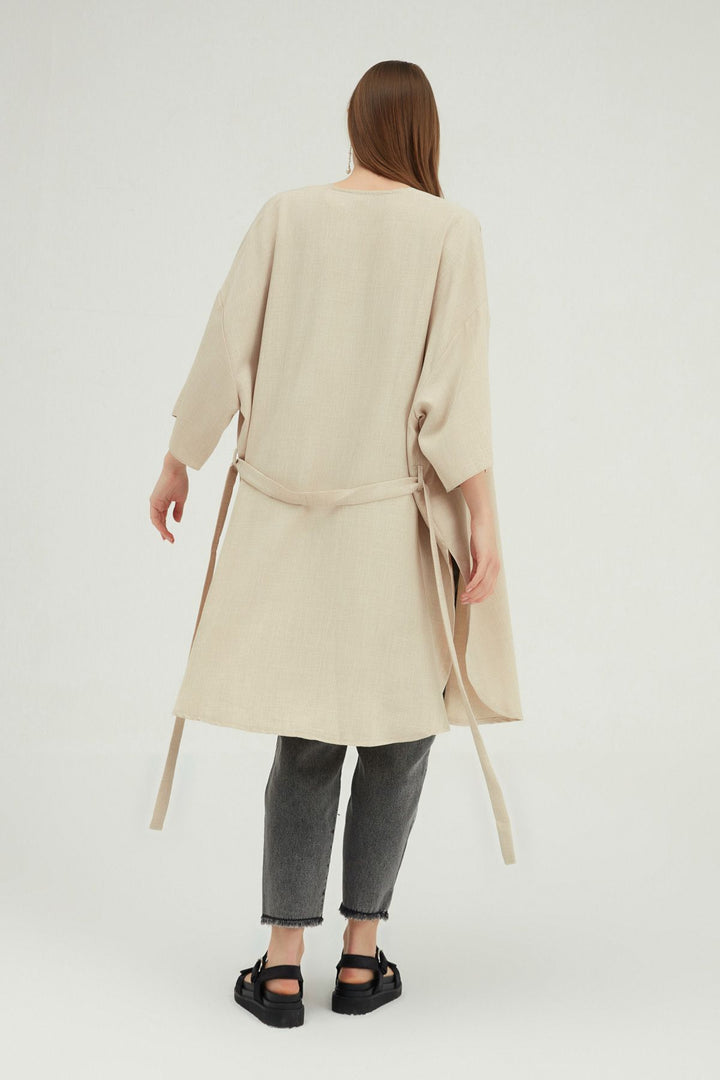 Three Quarter Sleeve Tie Kimono Beige