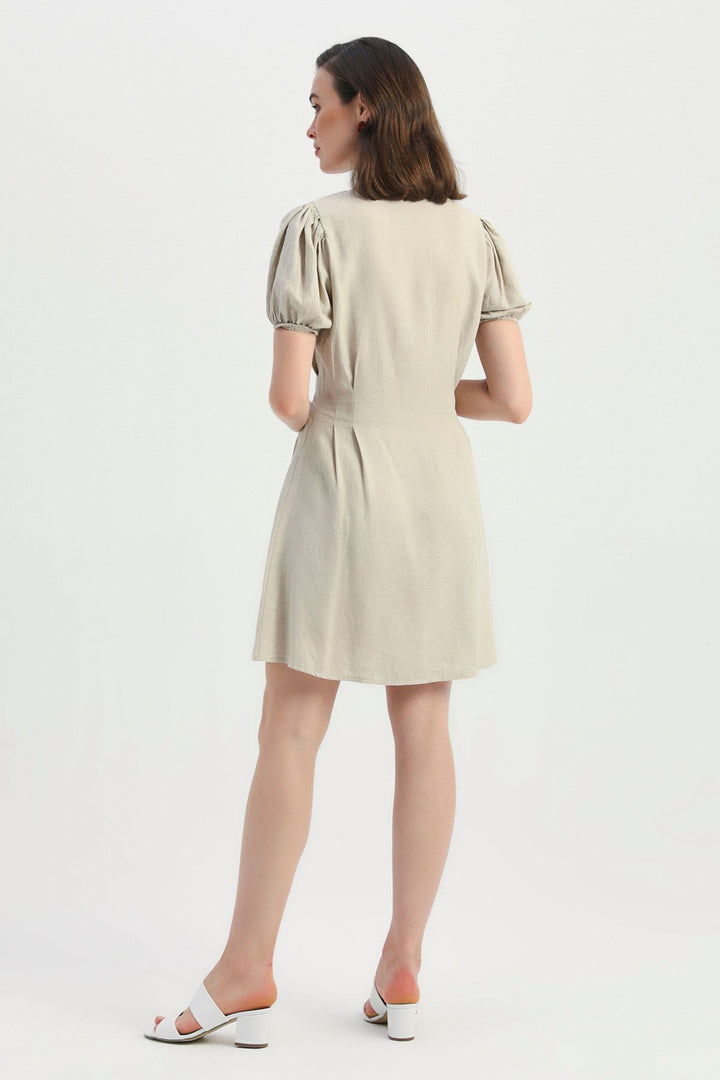 V Neck Balloon Sleeve Linen Dress Natural