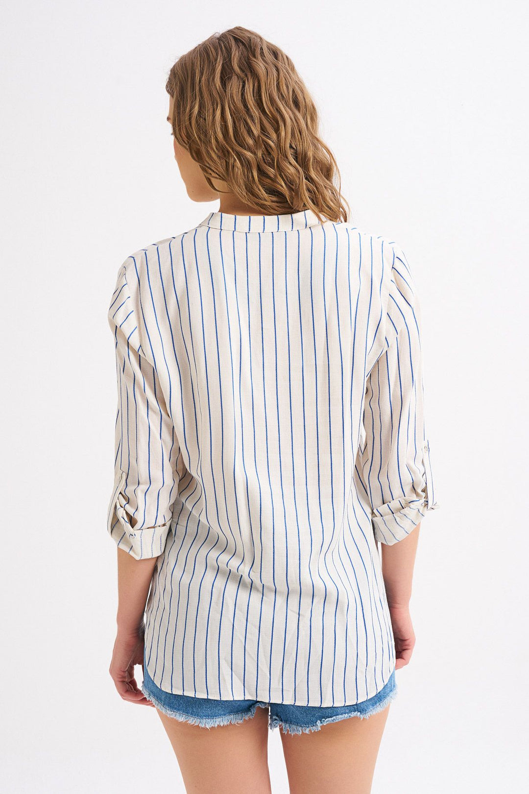 Çizgili Cepli Keten Gömlek İndigo