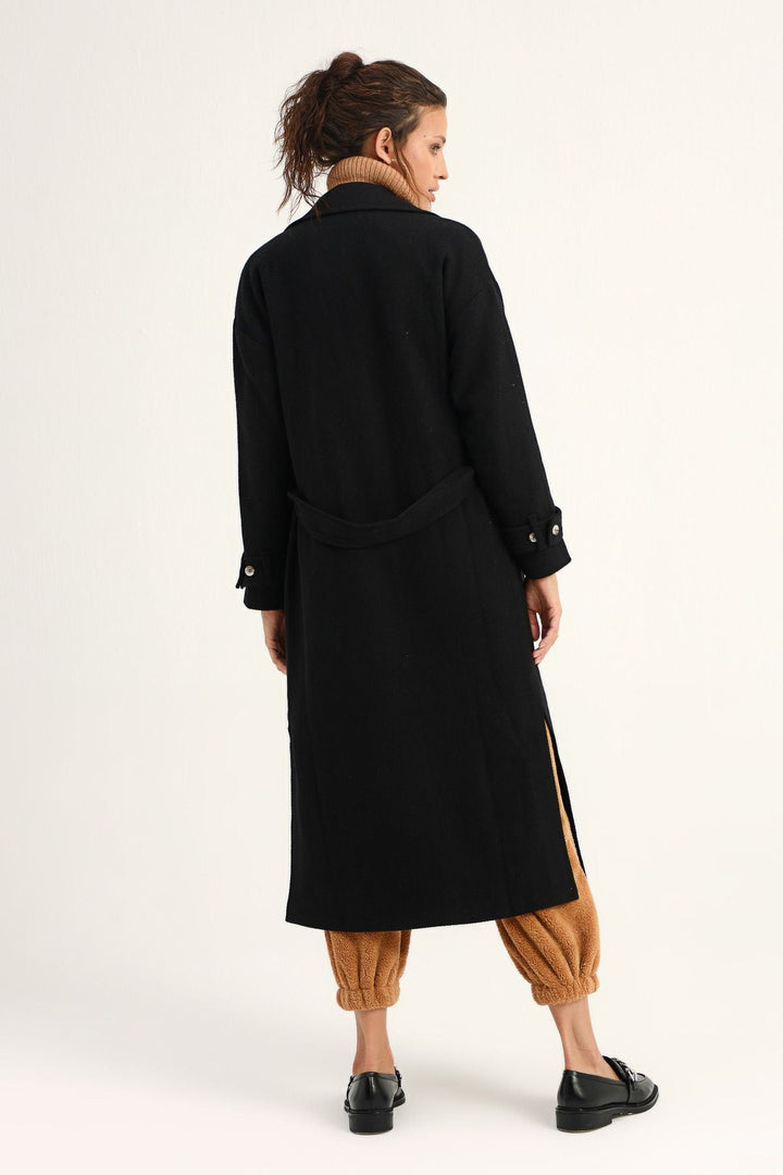 Waist Belted Long Coat Black