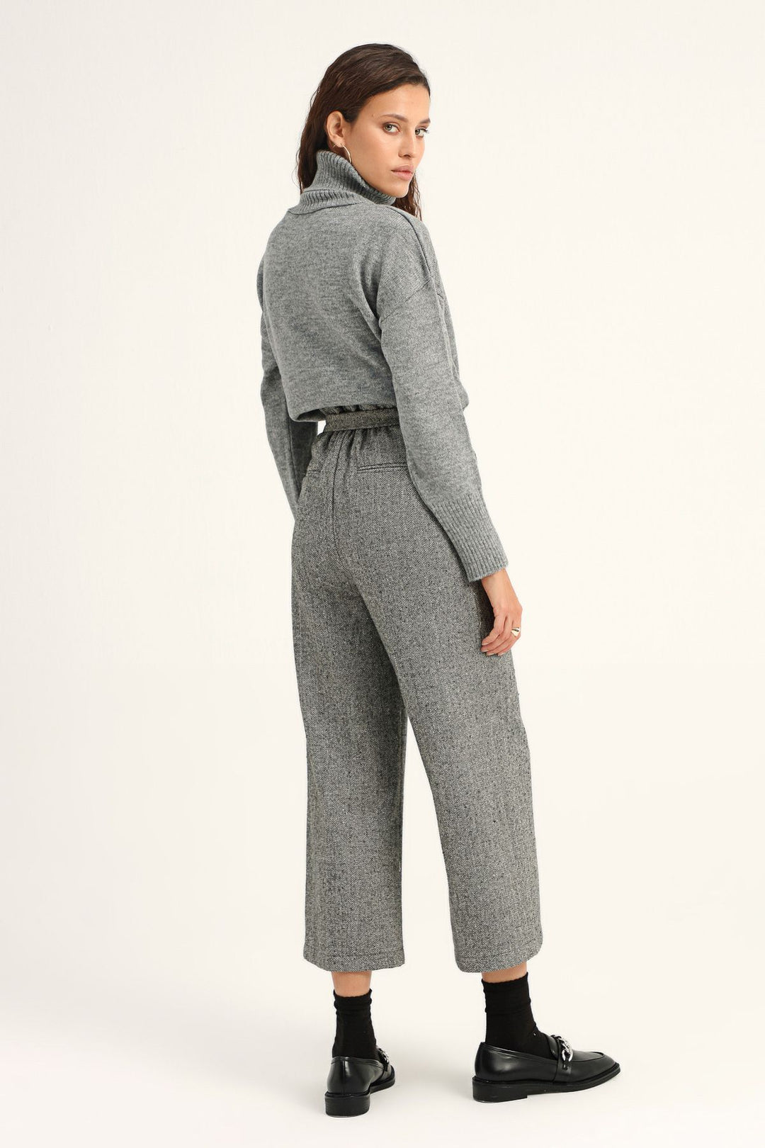 Kemerli Bol Paça Pantolon Gri